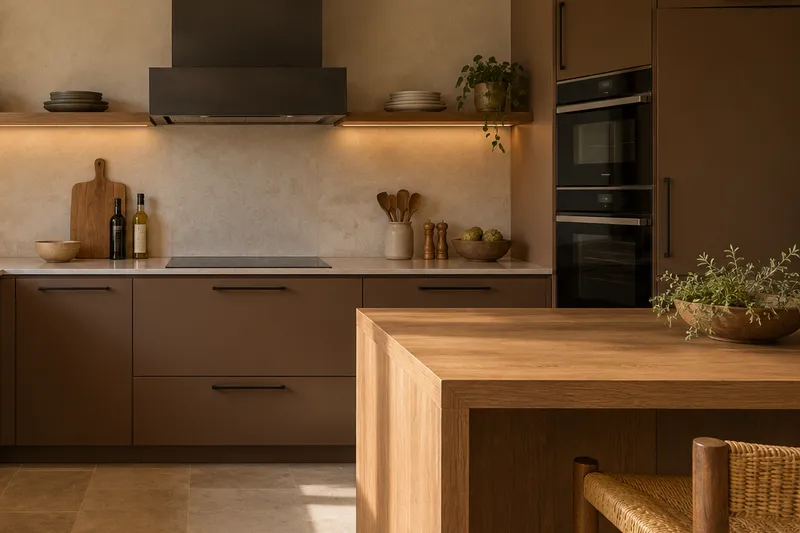 Visualización conceptual IA de cocina: Reformas de Roberto Escudero. Detalle de materiales y distribución.