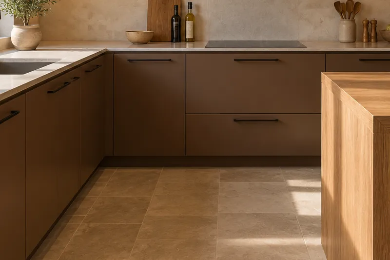 Visualización conceptual IA de cocina: Reformas de Roberto Escudero. Detalle de materiales y distribución.