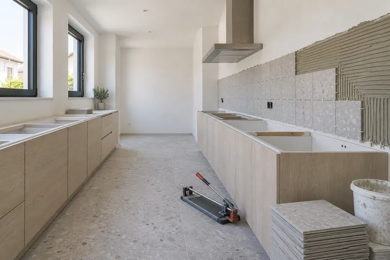 Visualización conceptual IA: Colocación de azulejos con separadores y adhesivo sobre una pared de cocina.