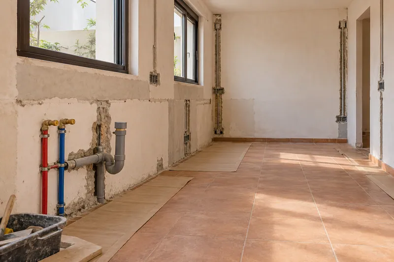 Visualización conceptual IA: Tuberías de suministro y desagüe durante la renovación de una cocina.