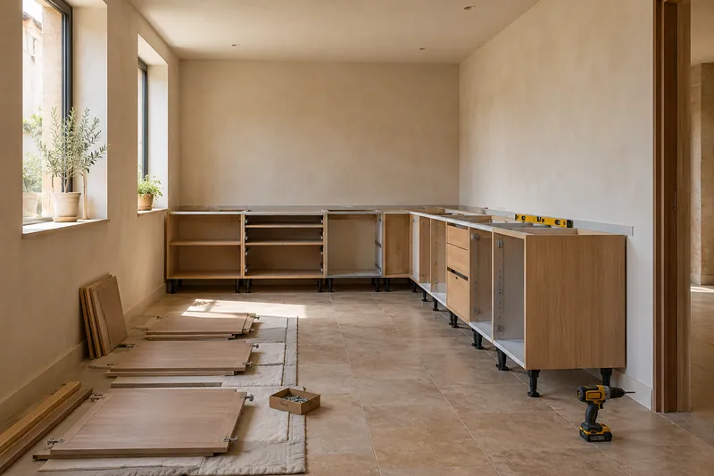 Visualización conceptual IA: Módulos de cocina en montaje con puertas pendientes de colocar.