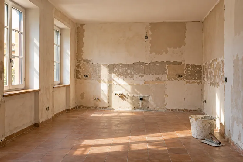 Visualización conceptual IA: Cocina sin muebles con paredes en preparación y zonas de enlucido.